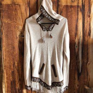 Hand woven alpaca wool hooded fringe tunic